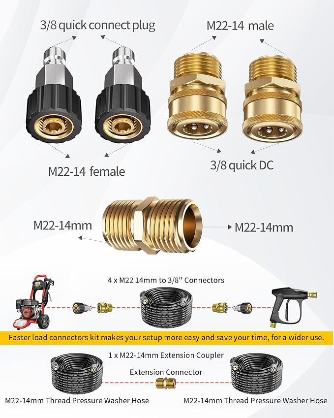 100ft Pressue Washer Hose 4000 PSI, High Power Washing Hose, Replacement Hose with M22 Extension Adapter and 4pcs M22 14mm to 3/8 Quick Connect | Kit M22 14mm to 3/8'' Quick Connect & M22 Extension Adapter, No Kink 1/4'' ID Powerful Cleaning Hose for C...