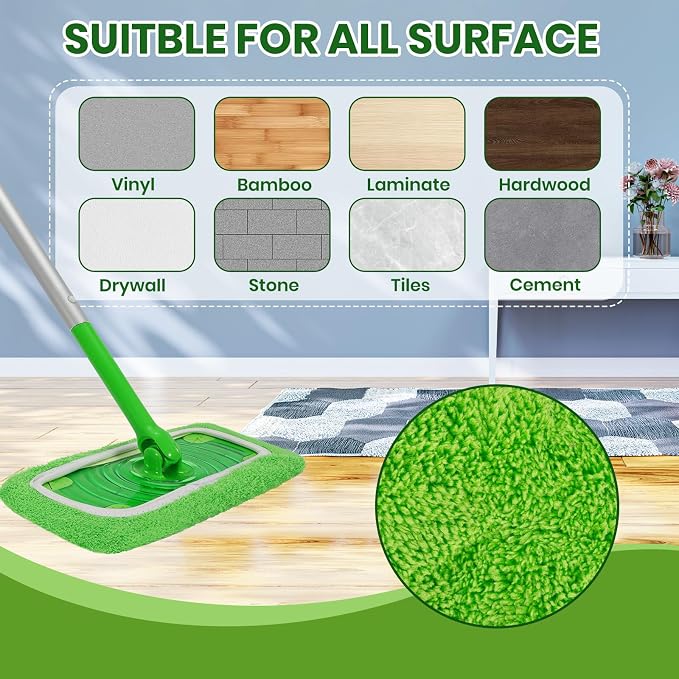6 Pack Reusable Microfiber Mop Pads - Compatible with Sweeper, Reusable Mop Pads, Washable Dry Cloths & Wet Pads Refill for Hardwood Laminate Tile Floor Cleaning (6, Green, M)