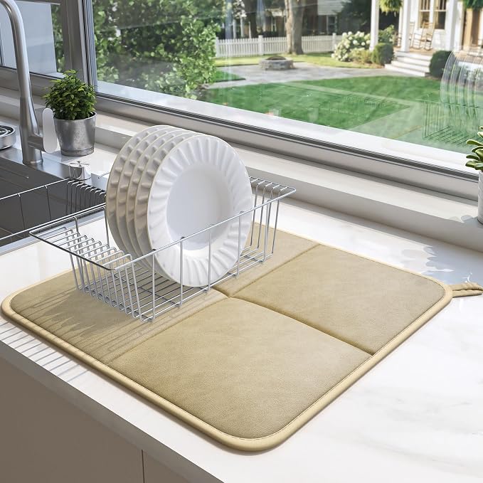 YDKGL 2 Pack PU Leather Dish Drying Mat for Kitchen Counter, Ultra Absorbent & Fast Drying Dish Mat Machine Washable Foldable Drying Pad for Countertops, Sinks, Draining Racks