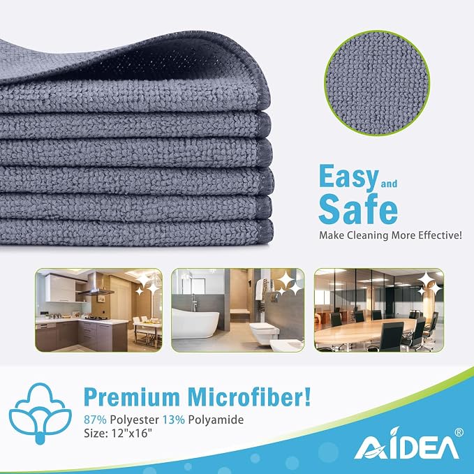 AIDEA Gray Microfiber Cleaning Cloth-24PK, Cleaning Rags 12"x 16" Absorbent | Microfiber Towels for Cars Lint Free, Reusable Microfiber Towels, Kitchen Towel Dusting Cloth, Dish Rags, Bulk Cleaning Towel