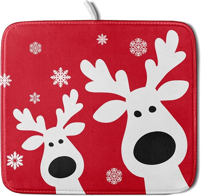 Xmas Dish Drying Mat for Kitchen Counter Cute Reindeer Holiday Snowflake Microfiber Absorbent Dish Draining Reusable Washable Foldable 16"x18"