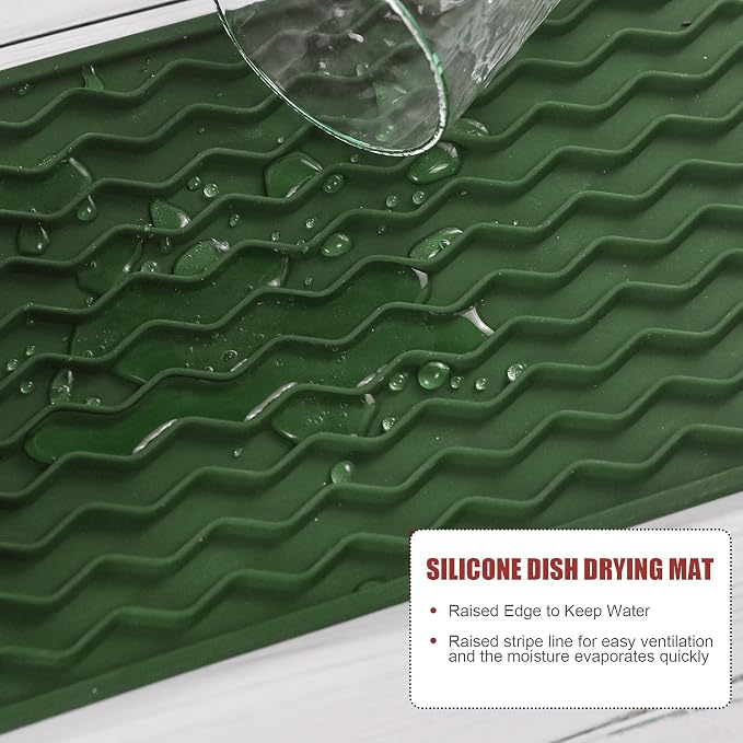 Silicone Dish Drying Mat for Multiple Usage, Easy clean, Eco-friendly, Heat-resistant Dish Drainer Mat for Kitchen Counter,Sink,Refrigerator or Drawer liner (12" x 6", Dark Green)