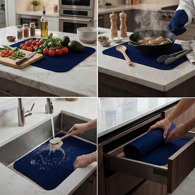 MicoYang Silicone Dish Drying Mat for Multiple Usage,Easy clean,Eco-friendly,Heat-resistant Silicone Mat for Kitchen Counter or Sink,Refrigerator or Drawer Liner Navy Blue 2XL 24 inches x 18 inches