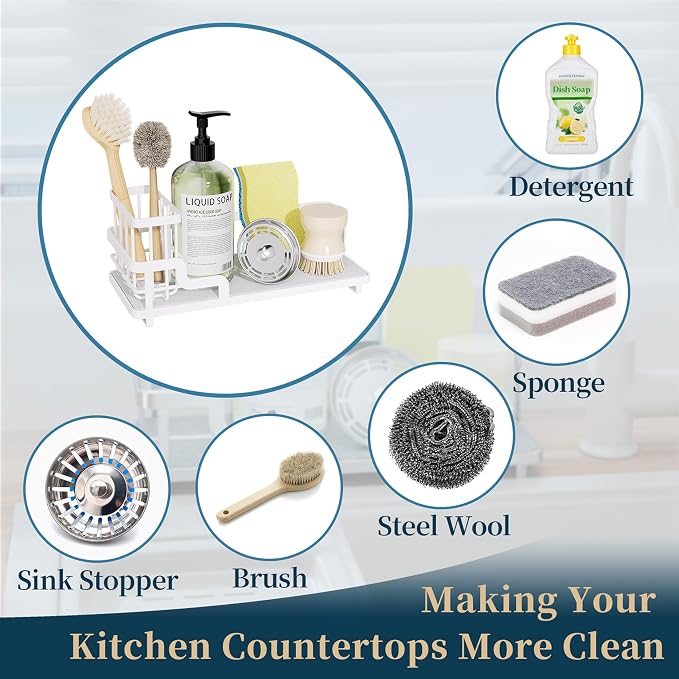 Consumest Sponge Holder for Kitchen Sink - Sink Caddy Organizer with Water Absorbing Stone Tray, Detachable Brush Holder, Stainless Steel Kitchen Counter Organizer Rack, White