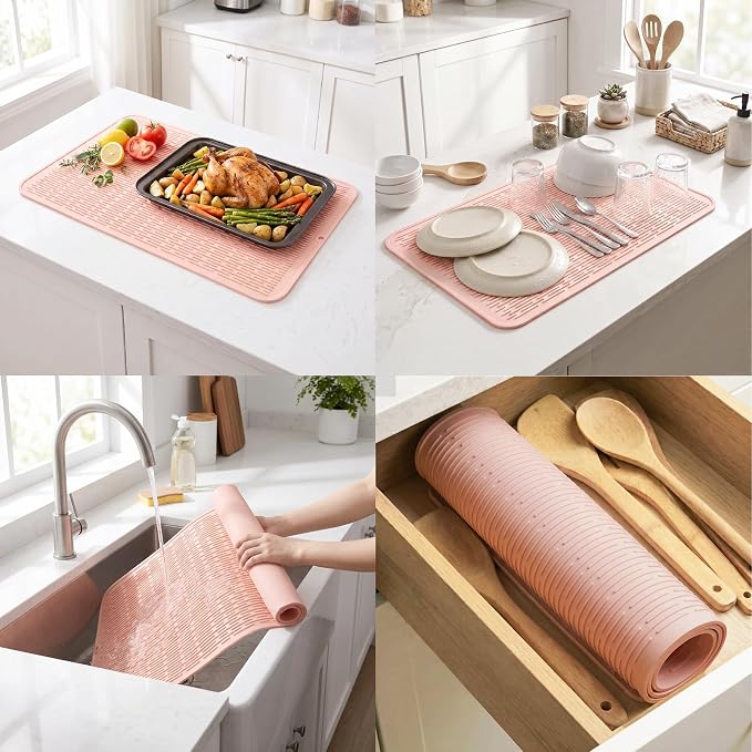 MicoYang Silicone Dish Drying Mat for Multiple Usage,Easy clean,Eco-friendly,Heat-resistant Silicone Mat for Kitchen Counter or Sink,Refrigerator or Drawer Liner Pink 4XL 32 inches x 18 inches