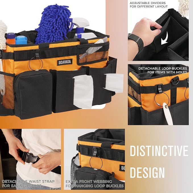 SCAVATA Wearable Cleaning Caddy Bag, Cleaning Caddy Supplies Organizer with Handle & Shoulder Straps for Housekeepers, Under Sink & Car Cleaning Tool Organizers with 4 Foldable Divider (Orange)