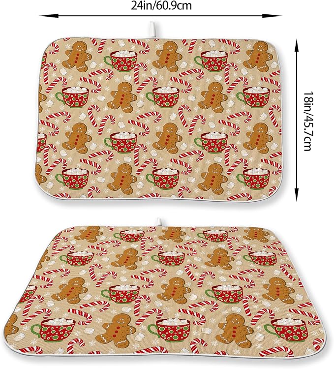 Christmas Dish Drying Mat 18x24 Inch Winter Brown Gingerbread Man Dish Drainer Protector Pad for Kitchen Counter Absorbent Marshmallow Candy Xmas Drying Pad for Drainer Rack Kitchen Fast Dry