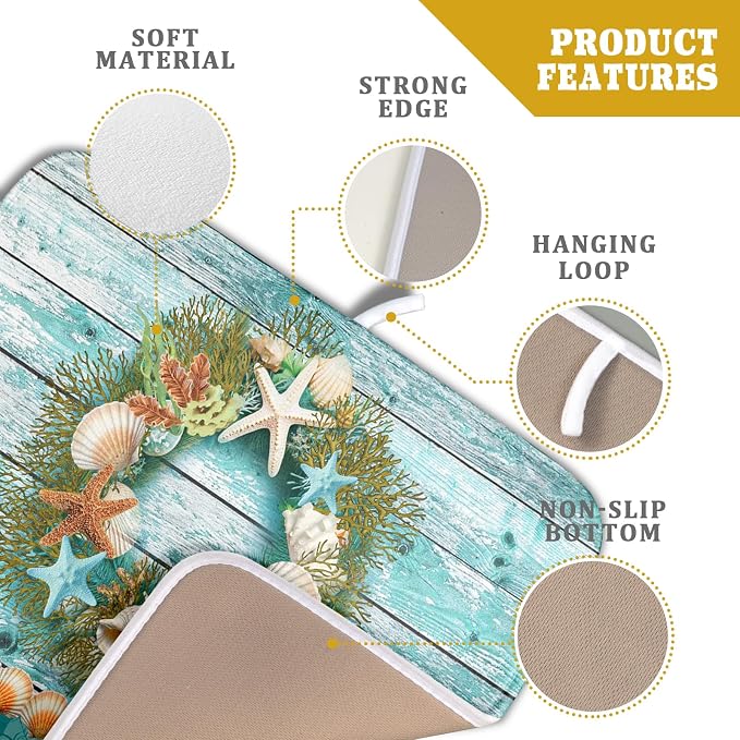 Coastal Wreath Dish Drying Mat 16x18 inch Starfish Shell Absorbent Microfiber Dish Rack Mats Drainer Pad Kitchen Countertop Accessories