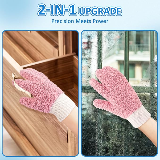 MIG4U Microfiber Dusting Gloves House Cleaning Glove for Blinds, Windows, Shutters, Furniture, and Car, Reusable Lint-Free Pink 2 Pairs S/M