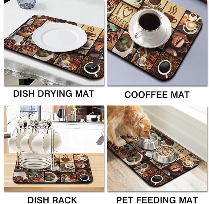 Coffee Bar Mat Accessories for Countertop Super Absorbent Anti-Slip Silicone Flower Dish Drying Mats for Kitchen Counter Draining Pad Decor Gift Fit Coffee Maker Espresso Machine 24inx18in