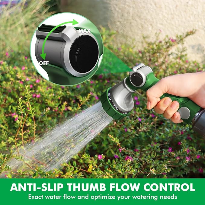 RESTMO Heavy Duty Hose Nozzle, Metal Garden Water Hose Sprayer | 7 Watering Patterns, Thumb Control, On Off Valve, Leak Proof Nozzle Sprayer for Watering Plants, Car & Pet Washing, Green