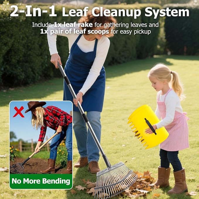 2-in-1 Leaf Rake Set with Leaf Scoops, 25-Tine Garden Rake and Grabber for Leaf Cleanup & Picker Up, Adjustable Long Handle, Wide Metal Head for Garden‌, Yard, Soil, Weeds‌, Grass, Camping