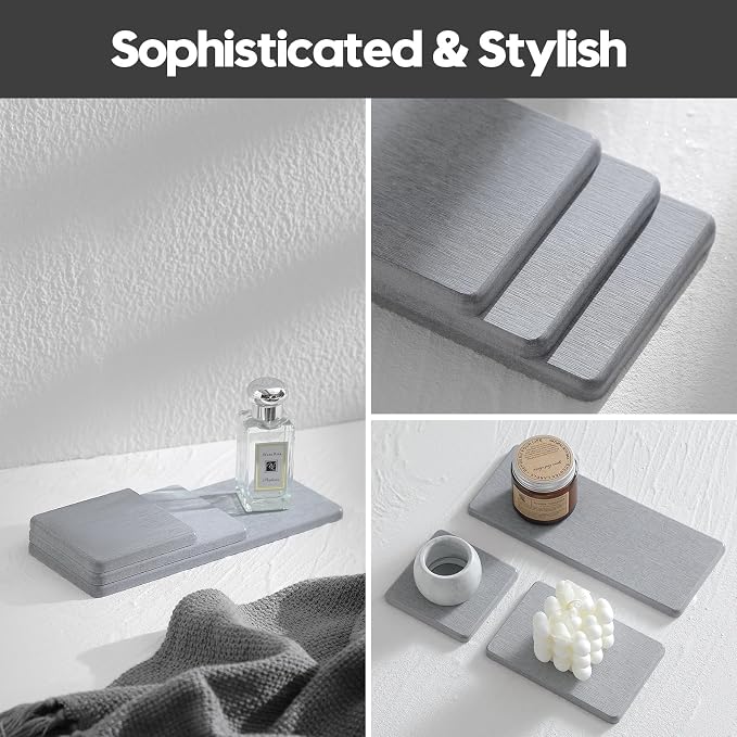 Razborci 3PCS Bathroom Sink Vanity Trays, Quick Stone Drying Mat Dish Soap Dispenser Sponge Holder for Kitchen Counter, Diatomaceous Earth Water Absorbing Caddy Organizer, Light Grey