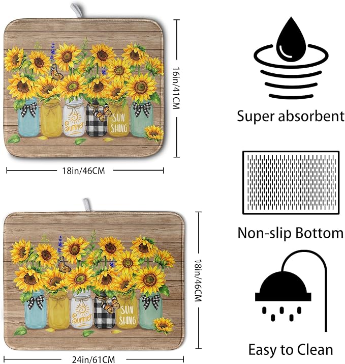 Sunflower Dish Drying Mat for Kitchen 16x18 Inch Counter Rustic Vintage Floral Vases Wood Grain Drying Mats Microfiber Absorbent Dishes Drying Pad Spring Summer Flowers Dish Drainer Rack Mat