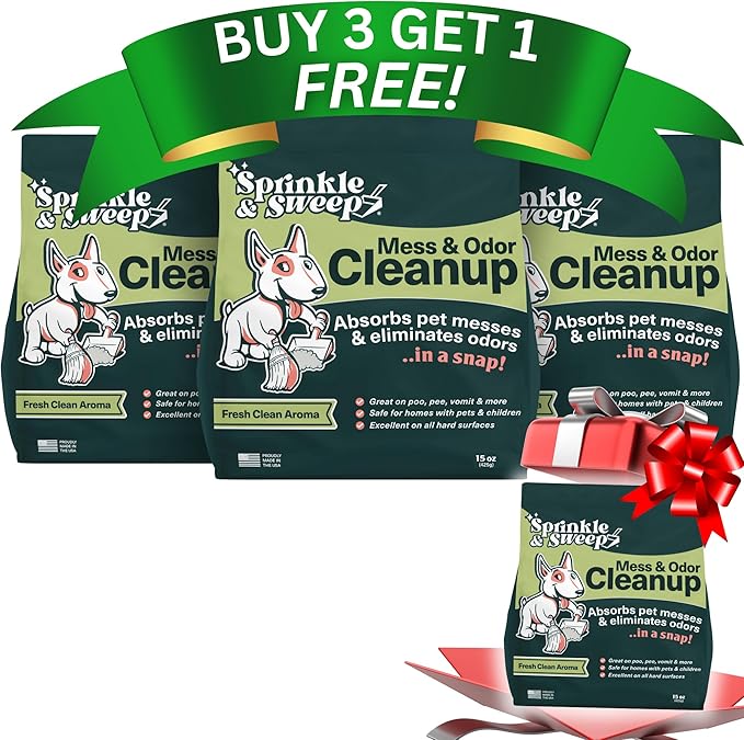 Sprinkle & Sweep: Pet Mess & Odor Cleanup - 4 Pack, 15oz Bags - Dog Accident Clumping Powder, Remove Pee-Poo-Vomit From Hard Surfaces, Ultra-Absorbent