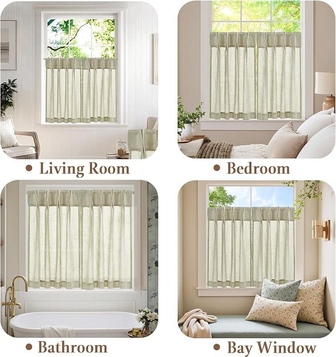 jinchan Linen Pinch Pleated Back Tab Tier Curtains, 26x36, 2 Panels, Beige | Light filtering,small window treatment,cafe curtains,machine washable,farmhouse,kitchen,bathrooms,laundry