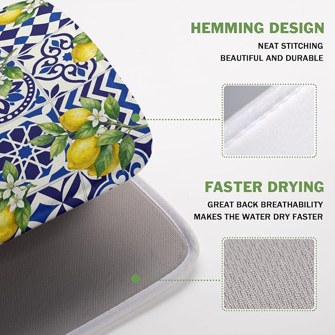 Lemon and Blue Tile Dish Drying Mat 16x18 Inch Absorbent Reversible Mexican Tilt Drying Mat Blue White Italy Lemons Dish Drying Rack Mat Summer Themed Dish Drainer Mat for Kitchen Counter Coffee Bar