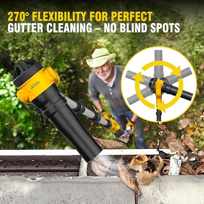Roof Gutter Cleaning from The Ground, Leaf Blowers for Dewalt 20V Battery | (Tool Only)55" extension pole, brushless motor,580CFM/180MPH,270° nozzle clean roof gutters safely from the ground