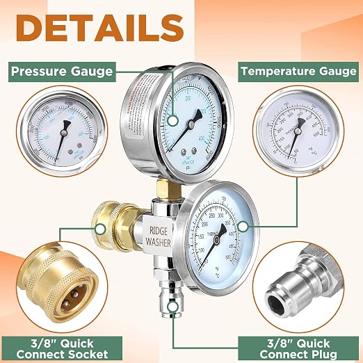 RIDGE WASHER 2-in-1 Pressure Washer Gauge Emperature Gauges, 6000 PSI | Stainless Steel, 3/8 Inch Quick Connect