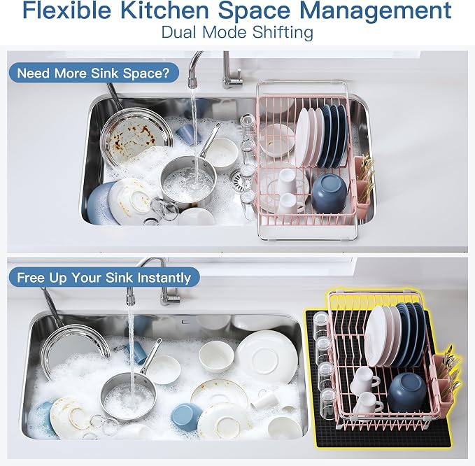 JASIWAY Pink Dish Drying Rack in Sink with Mat, Expandable Stainless Steel Dish Drainers for Kitchen Counter, Space Saving Dish Dryer for Inside Sink, Over Sink Dish Racks with Utensil Holder