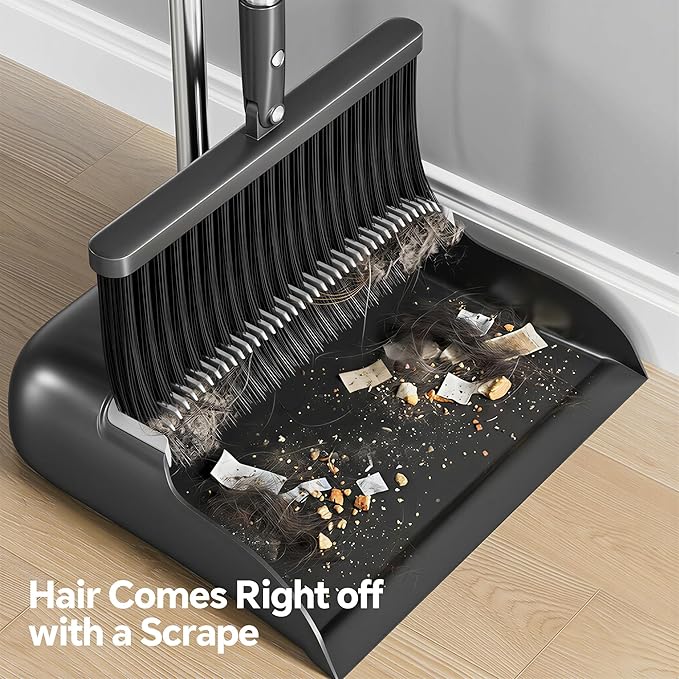 Spreezy Broom and Dustpan Set, 52" Upright Dust Pan with Cleaning Teeth | Long Handle Standing Dustpan No need to bend over Indoor Outdoor Home, Office, Black-Gray