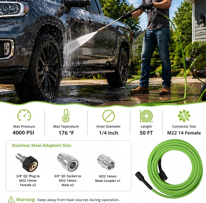 PWACCS Pressure Washer Hose 50 FT, 1/4" ID Steel Braided Power Washer Hose | M22-14mm Fittings, 4000 PSI High Pressure Wash Replacement Hose, Universal Adapter Kit, Green