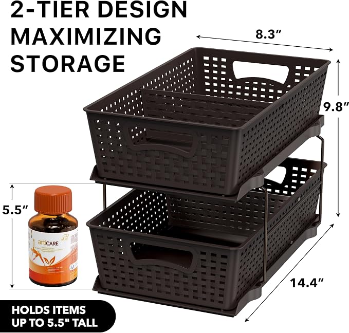 Simple Houseware 2 Tier Pull-Out Sliding Drawer Under Sink Storage, Brown | Great for Kitchen Bathroom Tray Shelf Organizer