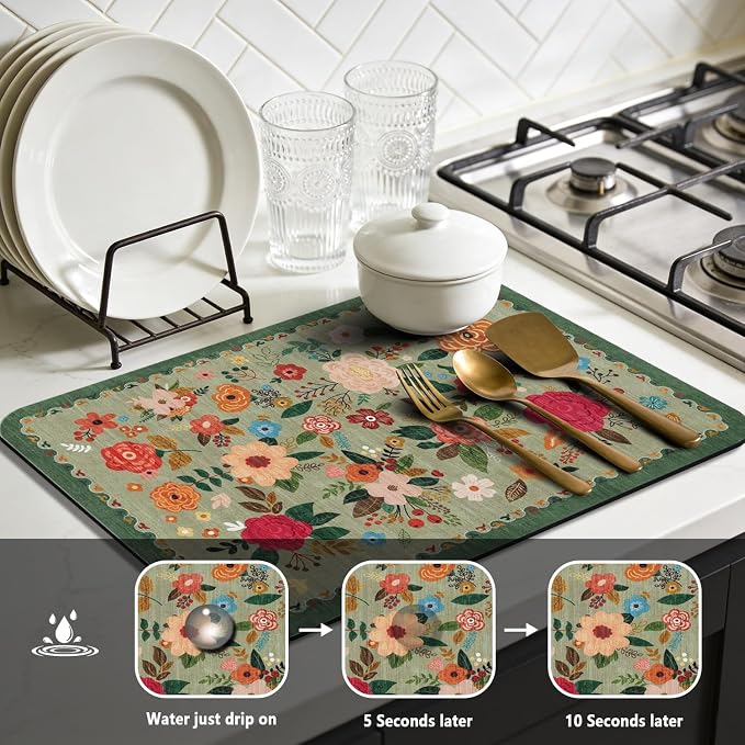 Dish Drying Mat for Kitchen Counter 17x32 Inch, Boho Quick Dry Coffee Mat | Made of super absorbent diatomite that quick dries dishes, coffee machine & sink area. Non-slip rubber base for countertop