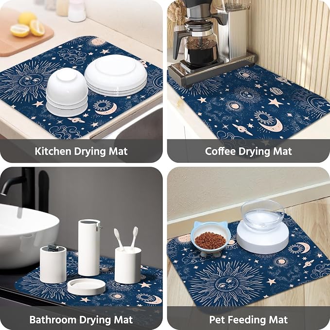 Dish Drying Mat for Kitchen Counter 18x24 Inch, Super Absorbent Dish Drainer Mat, Decorative Microfiber Dishes Drying Pad-Large(Navy Blue Moon)