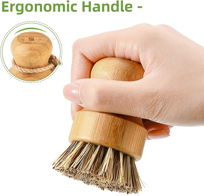 SUBEKYU Bamboo Dish Brush Set with Soap Holder, Wooden Dish Scrubber with Soap Dispenser, Natural Kitchen Scrub Brush, Washing Pot/Pans/Cast Iron, 2 Pack, Sisal + Coconut Palm Bristles