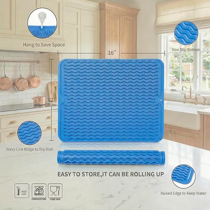 MicoYang Silicone Dish Drying Mat — Quick-Dry Ridges Counter & Sink Pad, Heat-Resistant Trivet to 450°F, Non-Slip & Dishwasher Safe, Roll-Up Storage, 18 Colors & 9 Sizes (Lichen Blue, 16"×12")