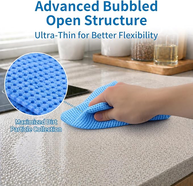 WETQUEEN Upgrade 60 Pack Microfiber Cleaning Cloth Roll - 11.8" x 11.8" Bubbled Reusable Rag for House, Kitchen, Car & Window - Tear Away Dish Rags & Wipe - 1 Roll Replaces 50 Paper Towels - Blue