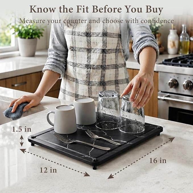 Stone Drying Mat for Kitchen Counter 16"x12", Black Stone Dish Drying Mat, Quick Dry Stone Drying Mat & Drying Stone for Kitchen Counter, Diatomaceous Earth Board, Absorbent, Non-Slip Easy Clean