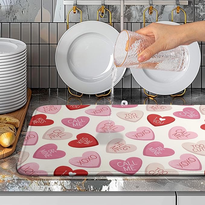 Valentine Love Heart Dish Drying Mat for Kitchen Counter 18x24 Inch Valentines Day Dish Mats Absorbent Microfiber Dish Draining Mat Reversible Dish Drying Rack Mat with Hanging Loop