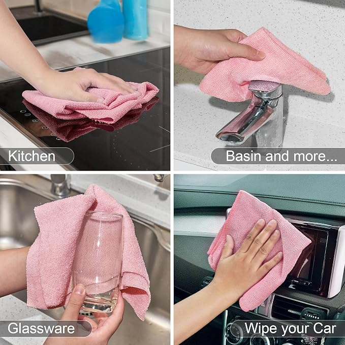 UPSTAR Microfiber Cleaning Cloth, Reusable Paper Towels Rolls, 50 Packs 12x12 inch Cleaning Rags for Washing Dishes, Kitchen, Bathroom, Car, Pink