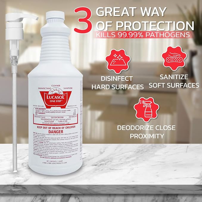 Lucasol One Step Disinfectant, 1 Quart (32 Ounce) Disinfectant & Attachable Dispenser Pump Combo, All Purpose Cleaner Disinfectant Spray For Hospitals, Schools, Salons, Household Cleaning And More.