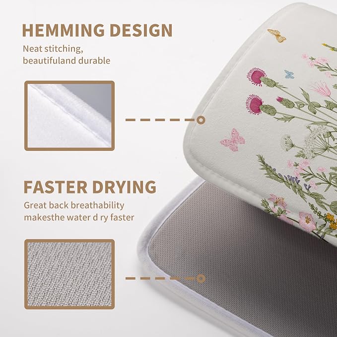 Wildflower Floral Dish Drying Mat for Kitchen Counter Vintage Rustic Flower Drying Mats Spring Summer Herb Plant Absorbent Microfiber Dishes Pad Washable Dish Draining Mat Extra Large 18"x24"