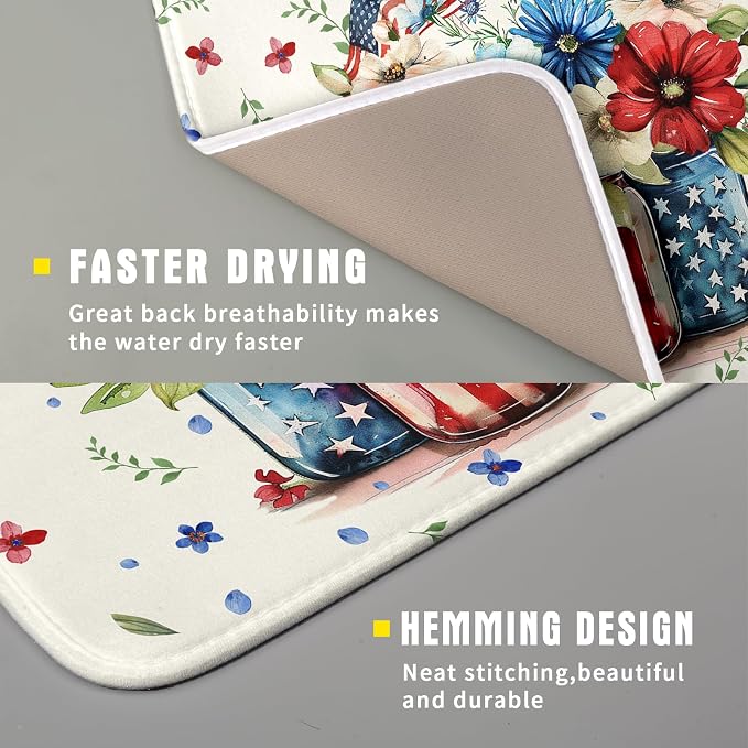 Giwawa American Patriotic Floral Dish Drying Mat Flower Vase Drainer Rack Mats 16"x18" Absorbent Microfiber Dish Dry Pad for Kitchen Counter Sink