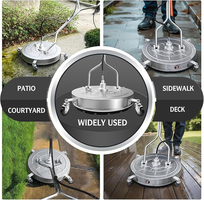 RAYNEL 24" Pressure Washer Surface Cleaner, Power Washer Accessory | Stainless Steel Housing, 4 Wheels, Dual Handles, 2 Hose Adapters, 5 Spray Nozzles & 4 Replacement Nozzles, Max 4000 PSI