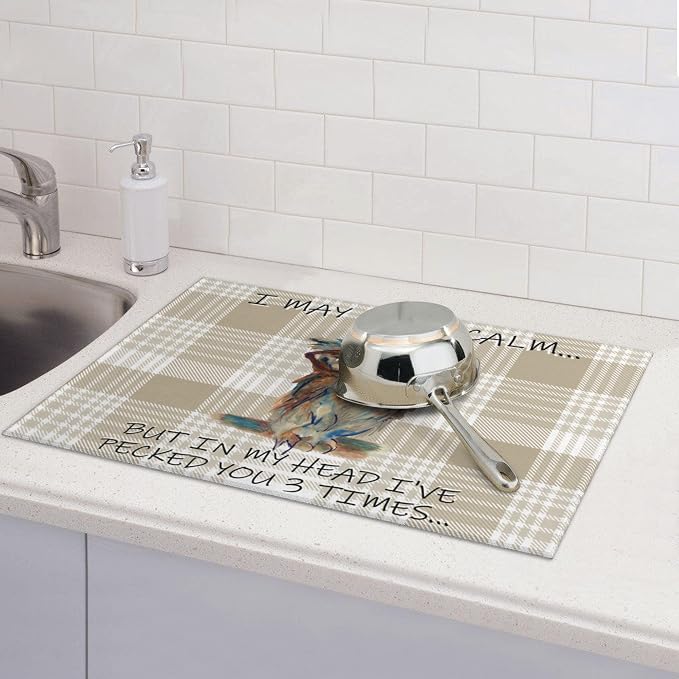 Kitchen Drying Mat Funny Owl Dish Drainer Mat for Kitchen Counter Microfiber Absorbent Reusable Washable 18x24 Inch Home Holiday Decor Cute Buffalo Plaid Drying Pad