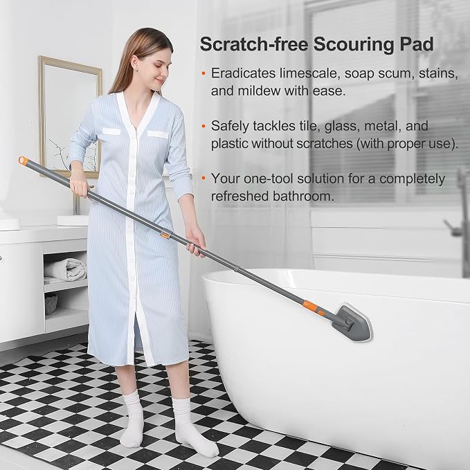 CLEANHOME Tile Tub Scrubber Brush with 3 Different Function Cleaning Heads and 56" Extendable Long Handle-No Scratch Shower Scrubber for Cleaning Bathroom Kitchen Toilet Wall,Bathtub,Sink,Grey