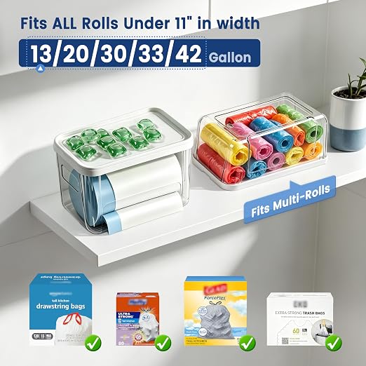 Trash Bag Dispenser with Laundry Pod Storage, Clear Under Sink Organizer | 3-in-1 Stackable Cabinet Bin, Laundry Pod Storage, Trash Bag Dispenser Fits 13/30/33/42 Gallon Garbage Bags
