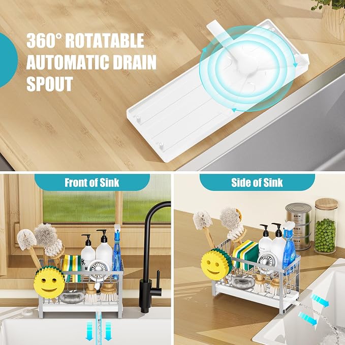 Sponge Holder for Kitchen Sink with Flexible Sink Caddy Smiley Face,2 Tier Kitchen Sink Organizer Countertop and Storage Essentials,Soap Dispenser Organize,Home Decor Accessories-Silver