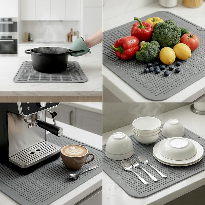 MicoYang Silicone Dish Drying Mat for Multiple Usage,Easy clean,Eco-friendly,Heat-resistant Silicone Mat for Kitchen Counter or Sink,Refrigerator or Drawer Liner Grey XL 18 inches x 16 inches
