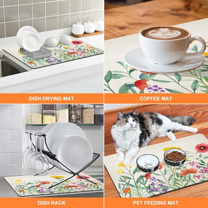 LOKHOM Dish Drying Mat for Kitchen Counter, 18"x24" Absorbent Coffee Bar Mat with Spring Floral, Dish Drainer Rack Mat for Kitchen Counter