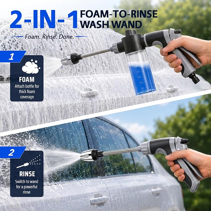 2026 Portable High Pressure Hose Nozzle with Foam Cannon (Grey) | Fits 3/4" Garden Hose, 9.8" Wand, Locking Trigger for Car Washing, Pet Rinsing, Garden Watering & Outdoor Cleaning