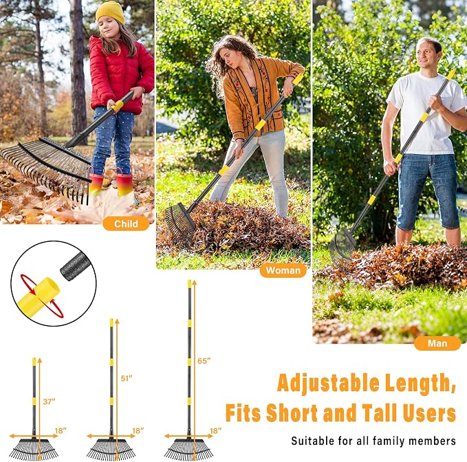 Rake for Leaves - 25 Tines Heavy Duty Metal Rake Set with Leaf Scoops & Collector Bag, Adjustable Rakes for Lawns, 3-in-1 Leaf Collection Tool for Efficient Yard Pine Needle Grass Cleanup 5FT