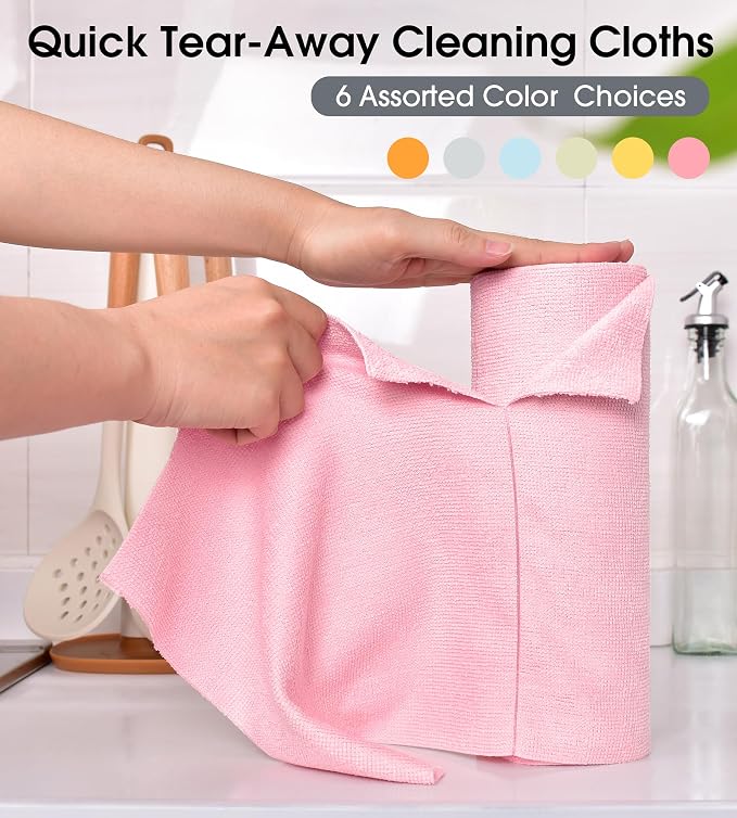 KitchLife Microfiber Cleaning Cloth Roll - Tear-Away Reusable Microfiber Paper Towels, Lint-Free, Washable, 20 Sheets for Kitchen, Car, Dishes, and Sensitive Surfaces (Pink)