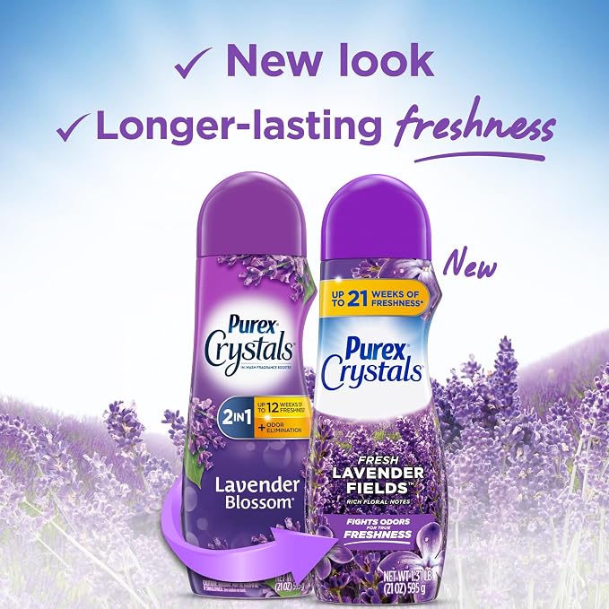 Purex Crystals In-Wash Scent Booster, Fresh Lavender Fields, 21 oz (Pack of 4), Long-Lasting Freshness & Odor Elimination Technology