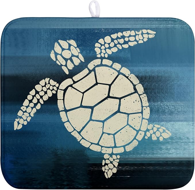Sea Turtle Dish Drying Mat Summer Ocean Animal Dish Drainer Rack Mat 16 X 18 Inch Dark Blue Microfiber Absorbent Drying Mat for Kitchen Counter